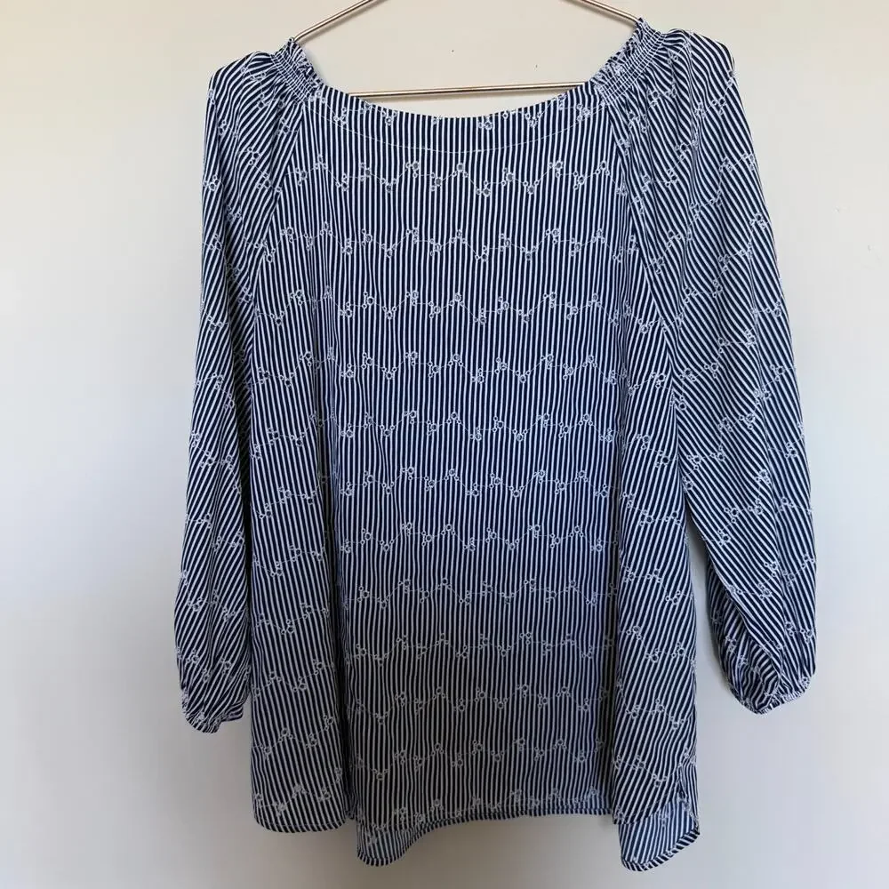 LOFT Blue Striped Scoop-Neck Long Sleeve Blouse